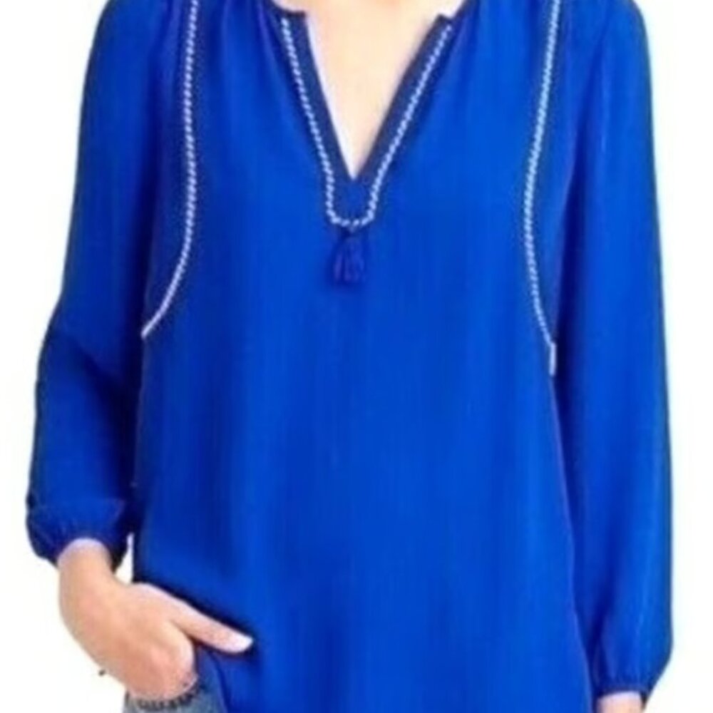 J. Crew Tassel Trim Top Womens (Sz 4) V Neck Popover Blouse Blue